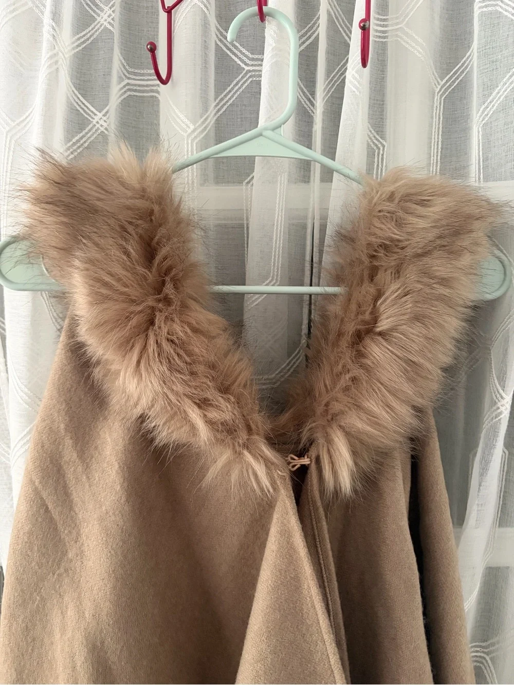 Talbots Camel Fringe Poncho with Faux Fur Collar